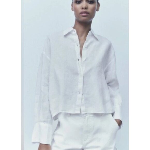Zara Women's Linen Loose Button Up Shirt Solid White Cropped Top Long Sleeve MED - Picture 1 of 6
